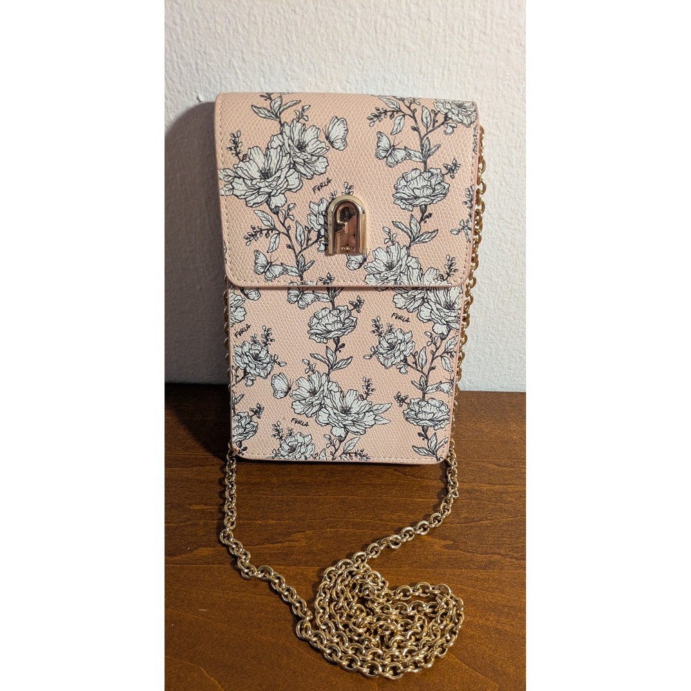Furla 1927 Mini Vertical Crossbody Bag Pink Floral Leather Phone Case Chain